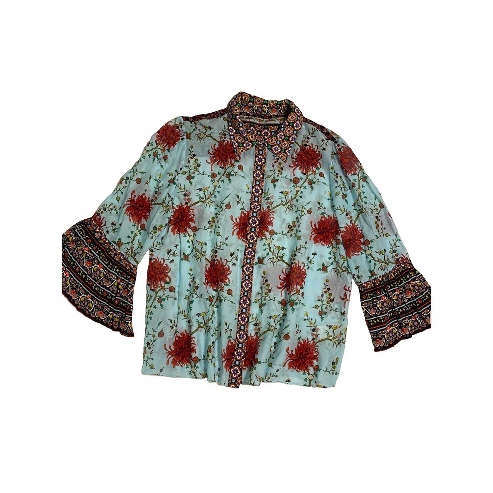 Alice + Olivia Willa Bell Sleeve Blouse Silk Cotton Floral Sky Blue Boho Top M